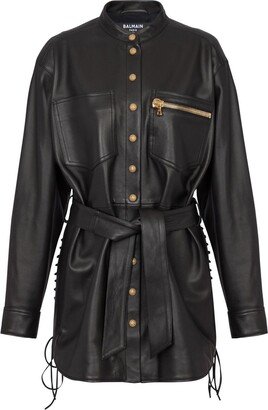 Belted Leather Shirt Jacket