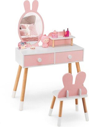 Kid Vanity Set Makeup Table Stool with Drawer Shelf Wood Leg