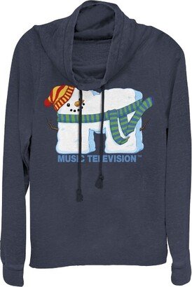 Juniors Womens MTV Christmas Snowman Logo Cowl Neck Sweatshirt - Navy Blue - X Large