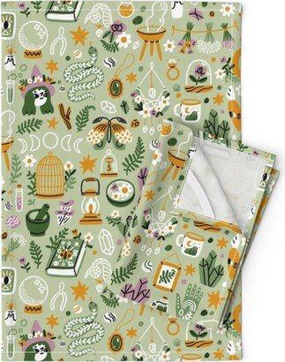 Flowers Tea Towels | Set Of 2 - Green Witch By Stolenpencil Floral Magic Halloween Jewels Linen Cotton Spoonflower
