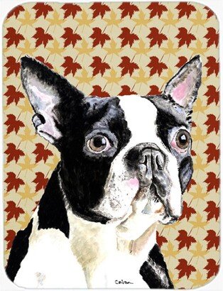 SC9200LCB Boston Terrier Fall Leaves Portrait Glass Cutting Board