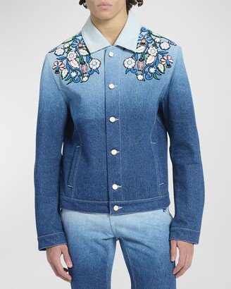 Men's Gradient Floral Embroidered Denim Jacket