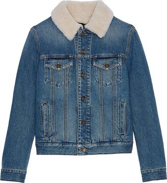Jacket with Shearling Collar in Used 70s Blue Denim