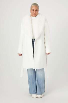 Women's Faux Fur-Trim Trench Coat in White, 3X