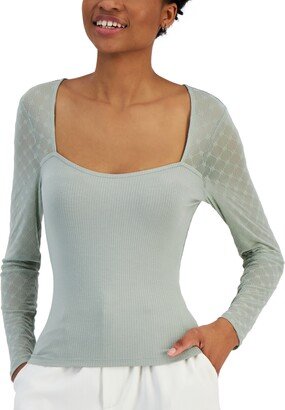 Juniors' Flocked Illusion Mesh-Sleeve Top