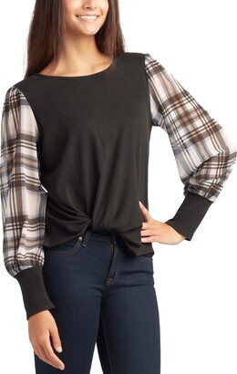 Juniors' Plaid-Sleeve Twist-Hem Top