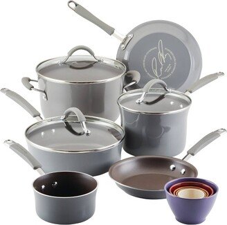 Cucina 14pc Porcelain Enamel Nonstick Cookware and Measuring Cup Set Sea Salt Gray