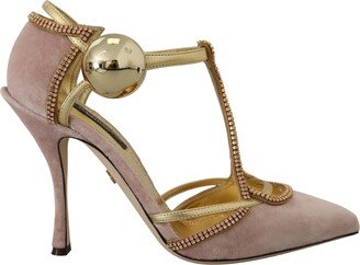 Pink Crystal T-strap Heels Pumps Women's Shoes