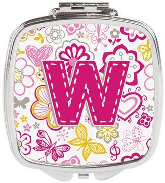 CJ2005-WSCM Letter W Flowers & Butterflies Pink Compact Mirror