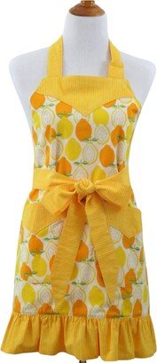 Women's Oranges & Lemons Ruffled Apron, in A Yellow, White & Green Fruit Themed Cotton, With Optional Personalization