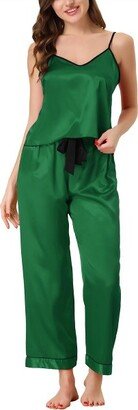 cheibear Women' Pajama Party Satin Silky Summer Camiole Cami Pant Set Green Small