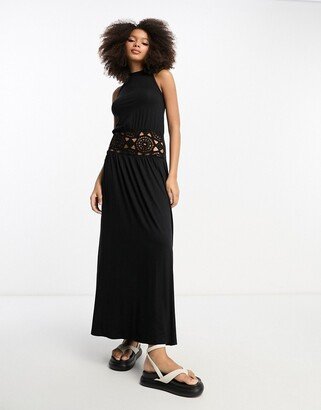 halter neck midi dress with crochet bodice in black