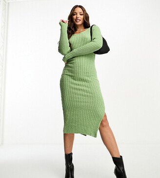 ASOS DESIGN Tall square neck knitted midi dress in textured yarn in khaki