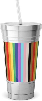 Travel Mugs: Lgbtq Stripes - Rainbow Pride Flag - Vertical Stainless Tumbler With Straw, 18Oz, Multicolor