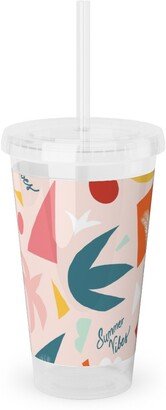 Travel Mugs: Summer Vibes Collage Acrylic Tumbler With Straw, 16Oz, Pink