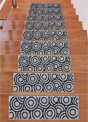 Beverly Rug Indoor Non Slip Carpet Stair Treads w/ Installed Tape 9x 28 Circles Grey / Navy