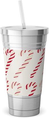 Travel Mugs: Dancing Candy Canes Stainless Tumbler With Straw, 18Oz, Beige