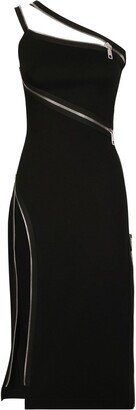 Asymmetric Zip-Detail Midi Dress