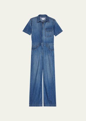 Girlfriend Wide-Leg Zip-Front Denim Jumpsuit