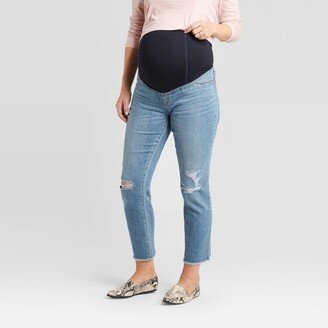 Over Belly Cropped Distressed Straight Maternity Jeans - Isabel Maternity by Ingrid & Isabel™ Blue