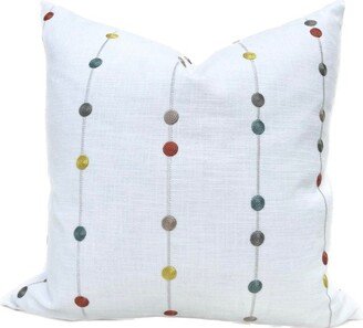 White Decorative Pillow Cover With Colorful Embroidered Stripes & Dots - Multicolor Polka Dot Stripe Throw Kenley