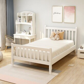 White Twin Platform Bed Frame with Wood Slat Support