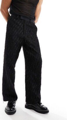 smart wide leg all-over fringe pants in black