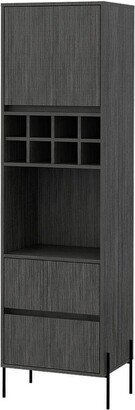 Aja 71 Inch Modern Bar Cabinet, 8 Cubbies, 2 Drawers, Open Shelving, Gray