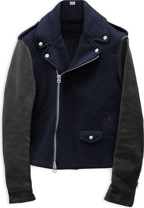 Cassady Biker Jacket In Navy Blue Wool/Leather