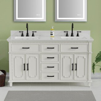 ExBrite 60 Inches White Bathroom Vanities With Solid Wood Lockers,Marble Countertop and White Ceramic Sink