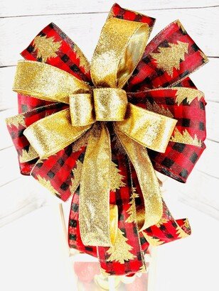 Red & Black Buffalo Plaid With Gold Glitter Christmas Trees Bow For Lantern Swag Or Mailbox, Outdoor Porch Post