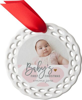 Ornaments: Baby's First Christmas Dots Ceramic Ornament, Pink, Circle