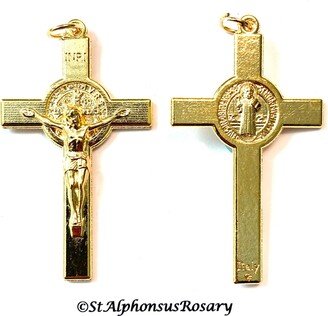 Bright Goldtone St. Benedict Crucifix | Made in Italy | Large Rosary Making | 2 Inches Your Choice Of One, Two Or Three