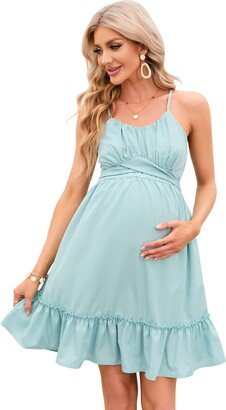 FUNJULY Women's Ruched Cami Maternity Dress Ruffle Summer Casual Spaghetti Strap Mini Dress with Belt Photoshoot Baby Shower Green-v L