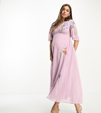 Hope & Ivy Maternity plunge front embroidered maxi dress in lilac