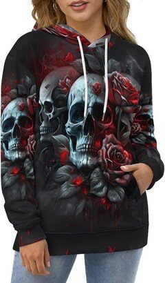 Generic 2-Skull Rose Sweatshirts for Women Long Sleeve Crweneck 3D Printed Slim Women Sweatshirts Hoodies Unique Outdoor Women Hoodies with Pockets -5XL