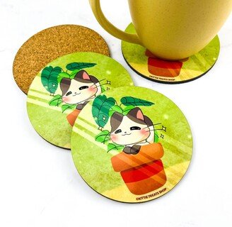 Plantastic Cat Latte Coaster Set | Kawaii Drink Mat Anime Home Decor Green Coffee Matcha Plant