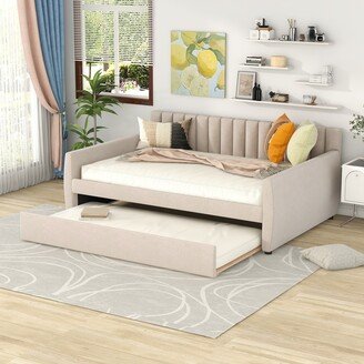 Sunmory Full Size Upholstered Daybed Bed with Trundle and Wood Slat Support & Upholstered Headboard