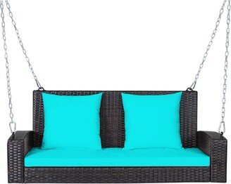 Turquoise 2-Person Patio Rattan Porch Swing with Cushions