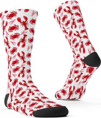 Socks: Crabs And Lobsters - Red Crustaceans On White Custom Socks, Red