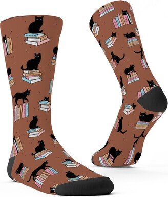 Socks: Cats And Books Custom Socks, Brown