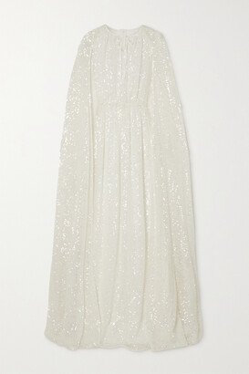 Kenley Cape-effect Gathered Sequined Chiffon Gown - Ivory