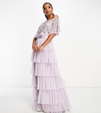 Beauut Petite Bridesmaid bardot tiered maxi dress in lilac