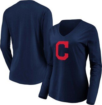 Women's Navy Cleveland Indians Official Logo Long Sleeve V-Neck T-shirt