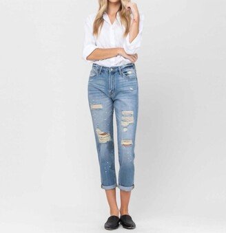 Distressed Paint Splatter Boyfit Jean In Blue