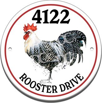 Farm Rooster Themed Ceramic House Number Circle Tile, Red Address Sign, Farmhouse Sign