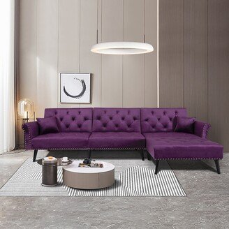 Gerojo Velvet Convertible Sectional Chaise Sleeper Sofa Bed with Adjustable Tufted Back, Nailheads Decor and 2 Pillows, Purple