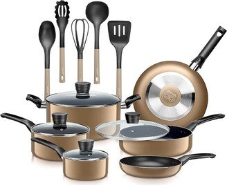15 Piece Essential Home Heat Resistant Non Stick Kitchenware Cookware Set w/ Fry Pans, Sauce Pots, Dutch Oven Pot, and Kitchen Tools, Gold