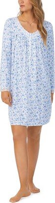 Sweater Knit Long Sleeve Short Gown (Blue Roses) Women's Pajama