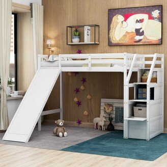 DECO Twin Size Loft Bed with Storage and Slide, White